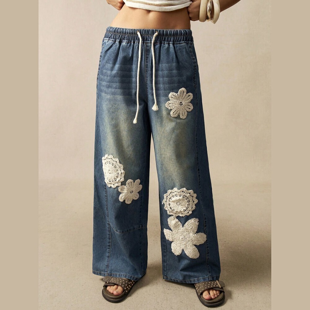 Blue Washed Denim Crochet Floral Applique Wide Leg Jeans